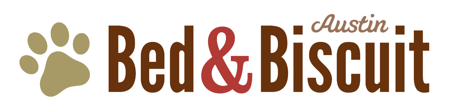 Golden paw to left of the words 'Bed & Biscuit' in a modern sans serif font and brown-ish red colors with the word 'Austin' in a smaller script sitting above the word 'Biscuit' in between the dotted i and crossed t. Bed & Biscuit Austin's logo