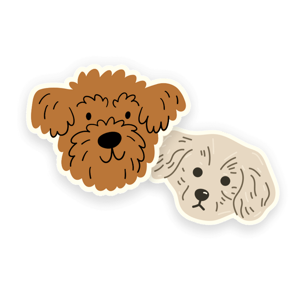 Promotional sticker-style illustration of two dogs for an Austin, Texas dog daycare—one brown, fluffy doodle and one cream-colored pup—used by Bed & Biscuit Austin to showcase the friendly faces of their dog boarding guests.