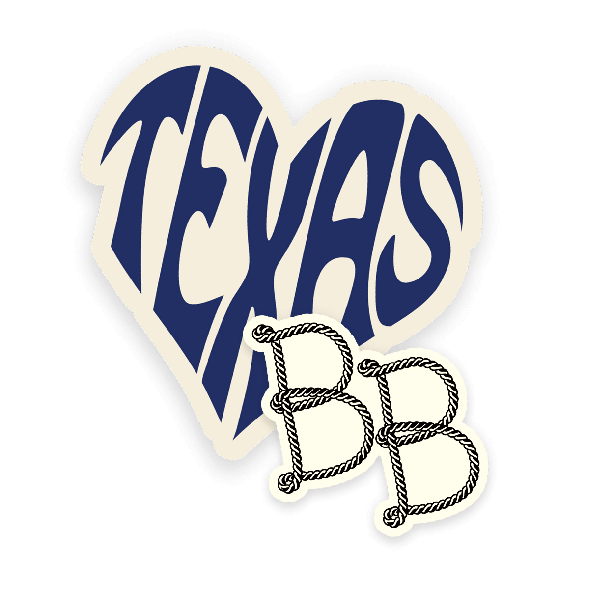 Promotional sticker featuring a bold heart-shaped design with the word “TEXAS” in retro blue letters and “BB” in a rope font, representing Bed & Biscuit Austin, a local dog boarding and daycare business.