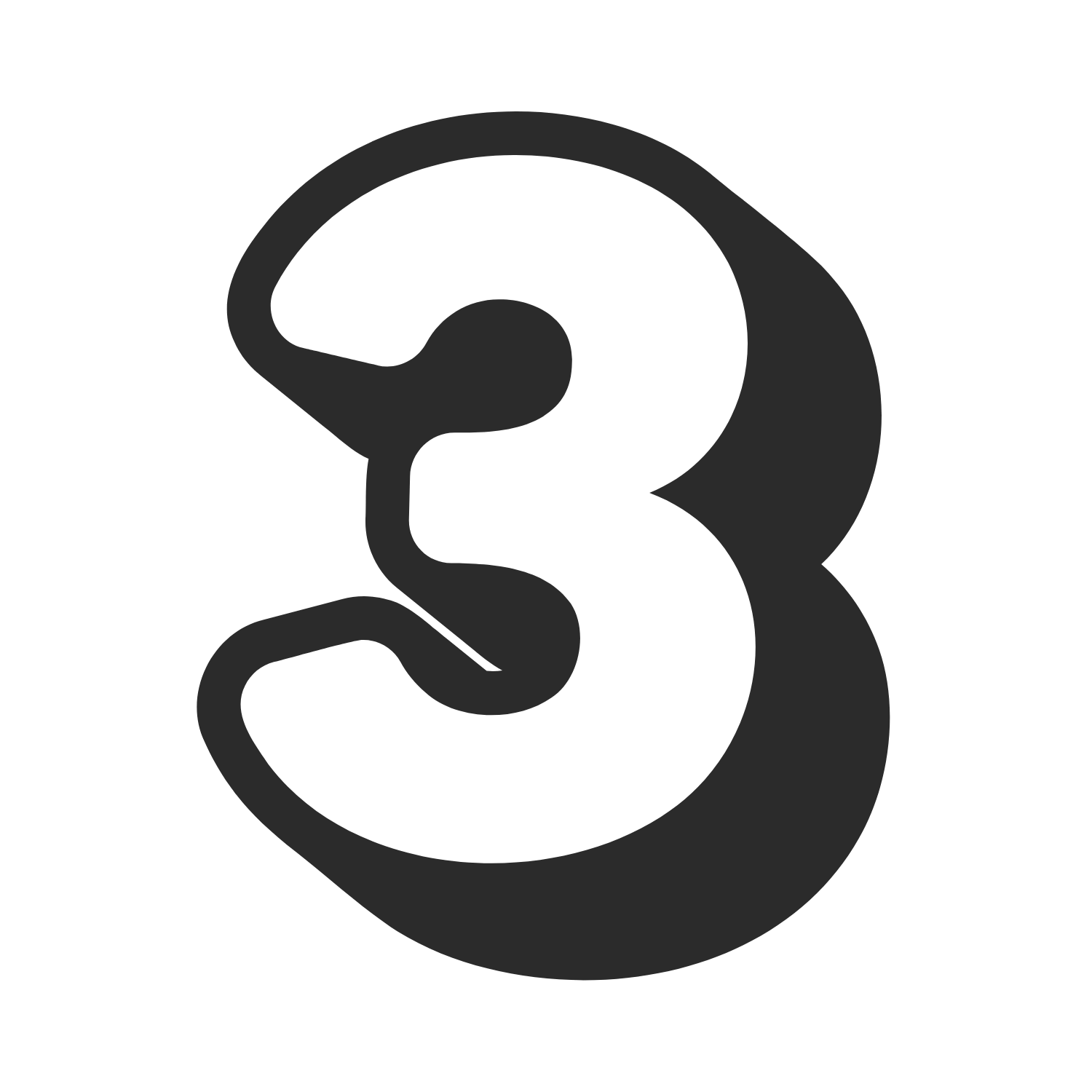 White number “3” with a thick black outline/shadow on a green background.
